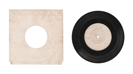 a 7 inch format vinyl record mockup isolated on transparent background, separated sleeve and disc with empty space for music cover design with a round hole in the center