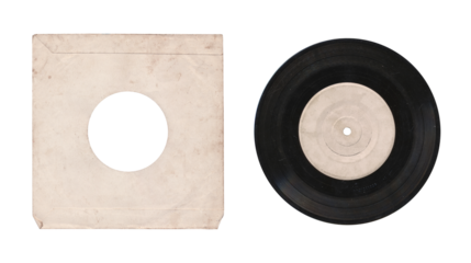 a 7 inch format vinyl record mockup isolated on transparent background, separated sleeve and disc with empty space for music cover design	with a round hole in the center