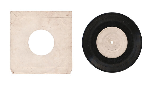 a 7 inch format vinyl record mockup isolated on transparent background, separated sleeve and disc with empty space for music cover design	with a round hole in the center