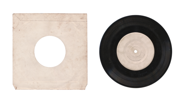 a 7 inch format vinyl record mockup isolated on transparent background, separated sleeve and disc with empty space for music cover design	with a round hole in the center