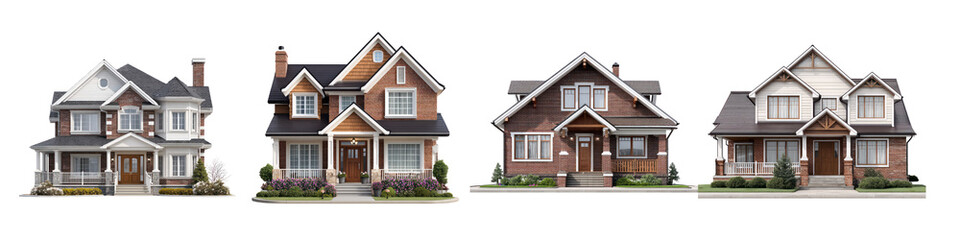  Set of Traditional American Suburban Homes with Brick and Wood Elements isolated on transparent Background