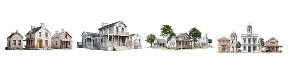  Set of  Tropical Beach Houses with Palm Trees and White Wooden Architecture isolated on transparent Background