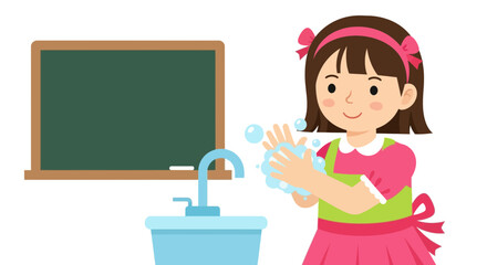 Girl Washing Hands At Sink In Classroom Hygiene Routine Illustration