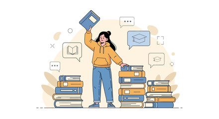 Illustration of a young woman with a stack of books symbolizing education and success