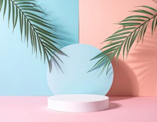 Obraz premium Minimalist Podium with Palm Leaf Shadow on Pastel Pink and Blue Background