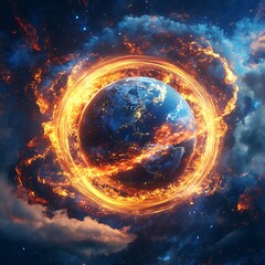 Stunning digital photo of earth surrounded by a fiery celestial ring in the expansive starry cosmos.