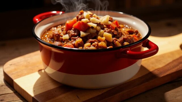 Bowl Chili Con Carne With Soft Radial Spotlight Vintage Enamelware Vibe Natural Wooden Serving Board