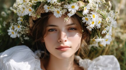 Woman laying in a field with a chamomile flower and grass crown on her head. Natural beauty and summer meadow concept