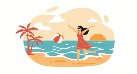 Illustrative depiction of a woman enjoying summer vacation on a tropical beach