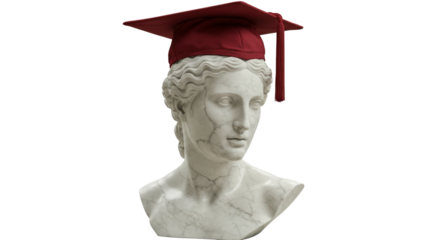 marble bust of a woman, greek marble, statue in graduation cap