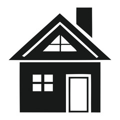Black house icon with chimney, door and windows on white background