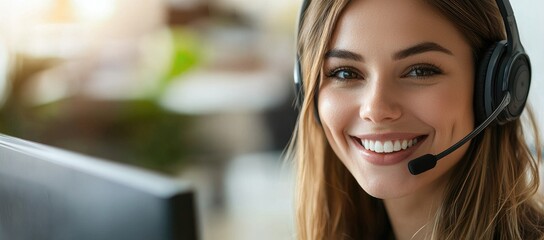 Close-up of smiling female call center agent with headset in bright modern workspace, ideal for service industry visuals, remote support ads, and customer care websites