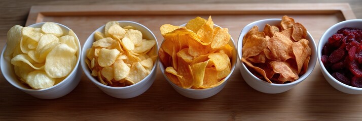 Assorted potato chips and dried fruits in white bowls on wooden tray