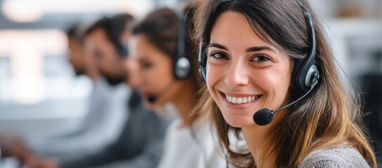 Happy young female support agent with headset smiling in busy office setting, excellent for help desk materials, contact center advertising, and corporate support visuals