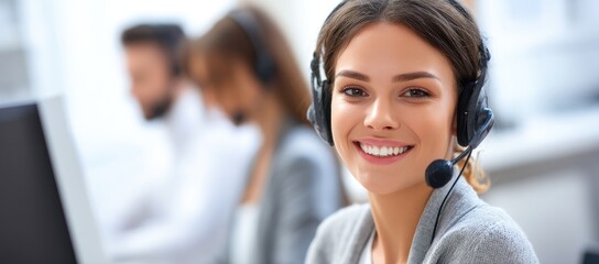 Bright office portrait of a smiling female call center operator wearing a headset, perfect for customer support promotions, communication services, and business websites