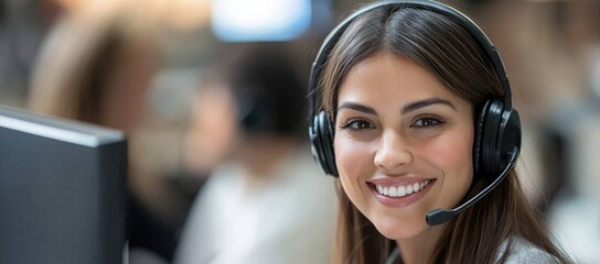 Portrait of cheerful female customer support specialist with headset in office, suitable for call center promotions, service banners, and business communication materials
