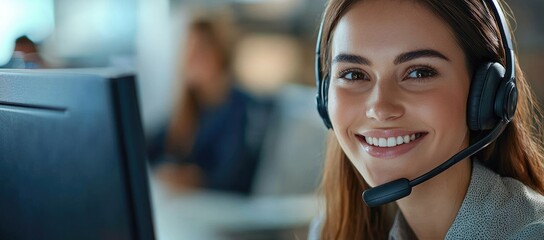 Smiling female customer service representative with headset at desk in office, ideal for communication visuals, support team ads, and professional business content