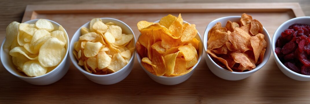 Assorted potato chips and dried fruits in white bowls on wooden tray - Powered by Adobe
