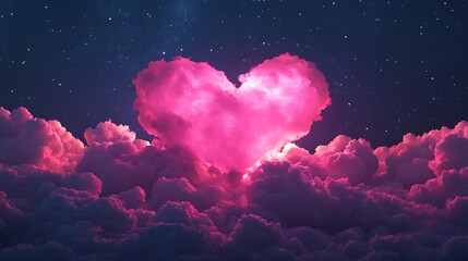 Stunning photo of a pink heart-shaped cloud among dreamy clouds with a starry night sky