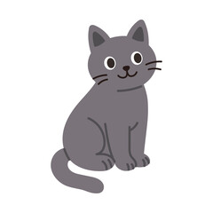 Cute gray cat sitting and looking up. Vector cat with curious expression sitting on ground. Illustration of cute kitten in flat design.