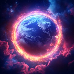 Stunning photo of earth surrounded by glowing energy and cosmic clouds in outer space