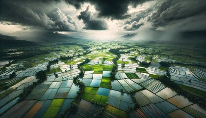 Stunning aerial view of vibrant rice paddies reflecting dramatic sky, perfect for travel blogs and environmental awareness campaigns, showcasing earth's beauty and sustainable agriculture