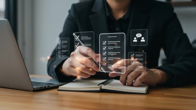 Person in suit using pen on notebook with digital checklist overlay near laptop on wooden surface - Powered by Adobe