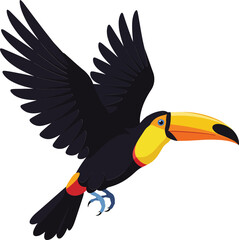 Obraz premium Toucan bird flying with wide black wings and large colorful beak vector illustration in white background