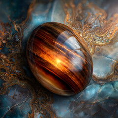 Obraz premium A polished, egg-shaped object with a glowing internal light rests upon a marbled, textured surface. The object has dark and warm streaks.