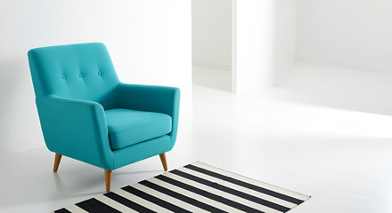 Stylish turquoise armchair in empty white interior with striped rug