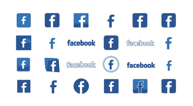 Facebook social media icons and logo set. Vector illustration collection of the blue "f" logo in various flat styles for web and marketing.

