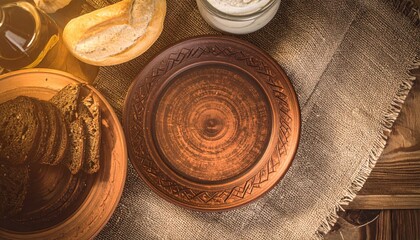Earthy Toned Plate with Bread on Rustic Wooden Table Top View