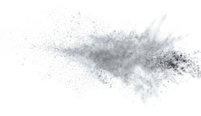 White gray dust powder explosion transparent PNG, isolated background. Dynamic blast eruption, monochrome color effect 

