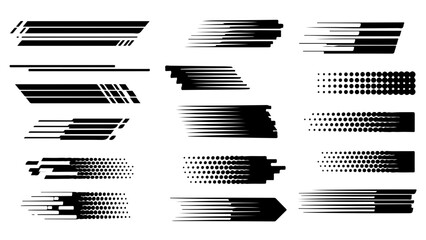 Set of abstract speed lines for race car decals and sport design. Collection of fast motion stripes and dynamic graphic elements with blur effect.

