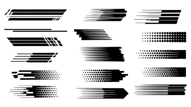 Set of abstract speed lines for race car decals and sport design. Collection of fast motion stripes and dynamic graphic elements with blur effect.

