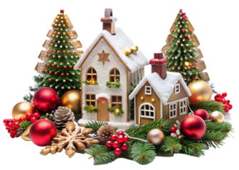 Christmas village scene with trees on transparent background