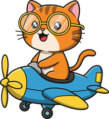 Fototapeta premium Cartoon orange cat flying blue and yellow toy airplane with glasses vector illustration