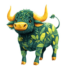 Fototapeta premium funky taurus zodiac icon as a chunky bull with golden horns and nose ring, stylized leaf patterns on body, green and yellow vibrant palette, humorous expression with cute attitude