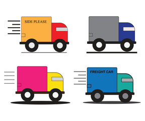 Colorful vector illustration of delivery trucks and freight cars in flat style with motion lines