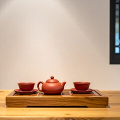 Elegant Red Ceramic Teapot and Cups on Wooden Tray in Bright Indoor Setting