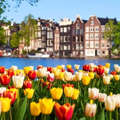 Obraz premium Colorful tulips by canal-side houses
