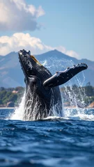 Papier peint photo  A majestic whale breaches the ocean surface, creating a spectacular splash against a backdrop of mountains and clear skies.  © Arda ALTAY