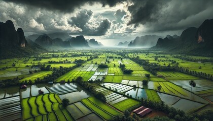 Breathtaking vista of verdant rice terraces nestled amidst majestic mountains under a dramatic sky, bringing peacefulness and natural beauty to tourism and sustainable agriculture projects