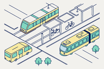 Isometric City Transportation Scene with Trains Bus and Bicycle Parking