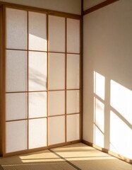 Warm Light Streaming Across Traditional Japanese Room with Tatami Mat Flooring