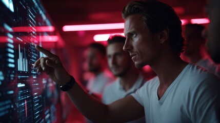 Man interacting with a digital interface in a neon-lit environment, showcasing futuristic technology and data analysis. Ideal for tech innovations and virtual interaction themes.