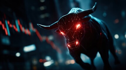 A digital wireframe bull with glowing red eyes, surrounded by dynamic market charts and neon accents in a cyberpunk cityscape.