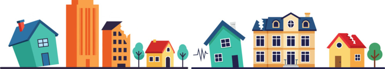 Naklejka premium Colorful city neighborhood row houses and buildings with trees in simple vector style illustration