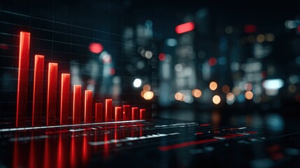 Futuristic cyberpunk cityscape with red data bars symbolizing financial growth against a neon-lit urban backdrop.