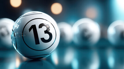 Close-up of lottery ball with number 13, against a blurred background, symbolizing luck and chance in gaming.